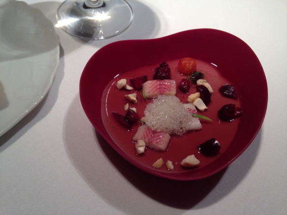 Cherries marinated on a bed of cashew, smoked eel and "beurre noisette"